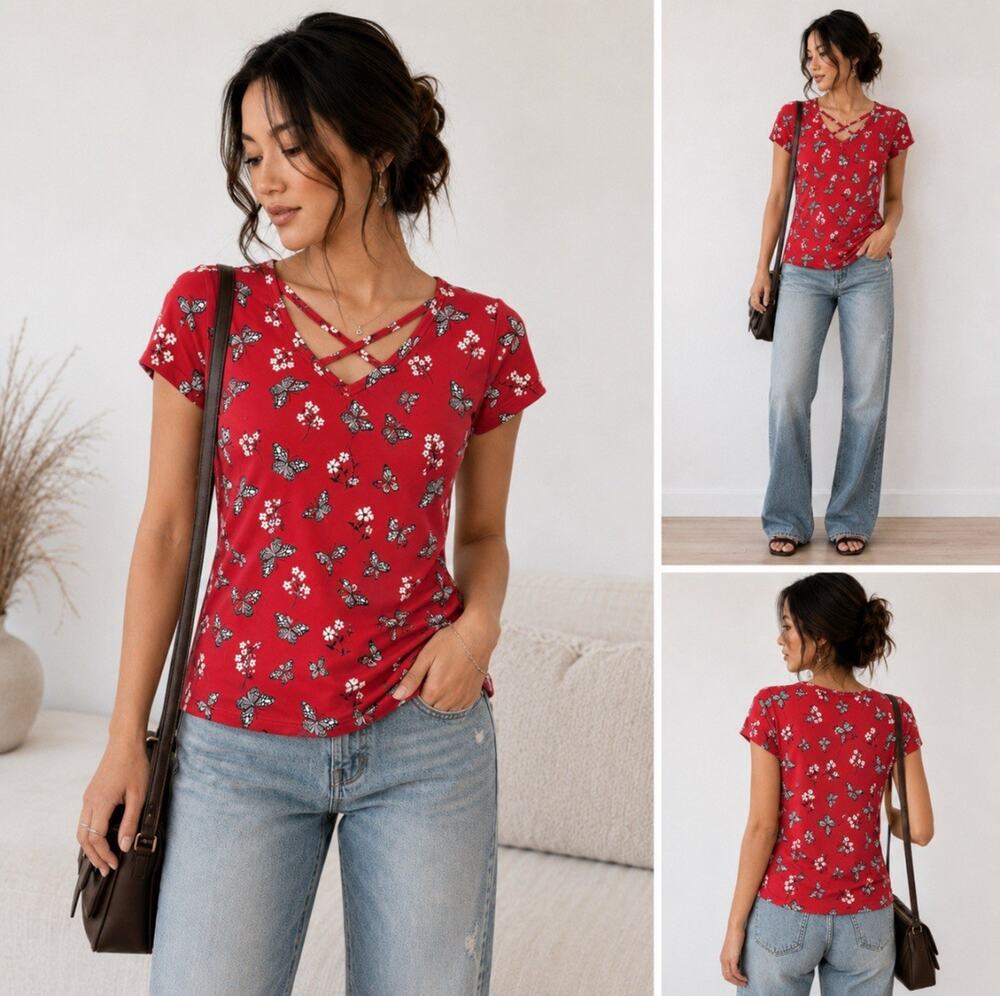 Y2K Indie Fairycore Joe Boxer Crisscross V-Neck Tee Size M Red Butterfly Floral